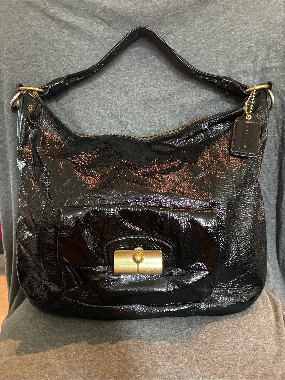 Coach Black Patent Hobo Bag with Gold Hardware